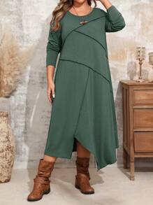EMERY ROSE 大码休闲圆领长袖时尚舒适秋季圣诞连衣裙，女士冬装 - 墨綠色 - 查看 1