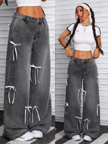 SHEIN ICON 女式低腰蝴蝶结装饰洗水牛仔裤