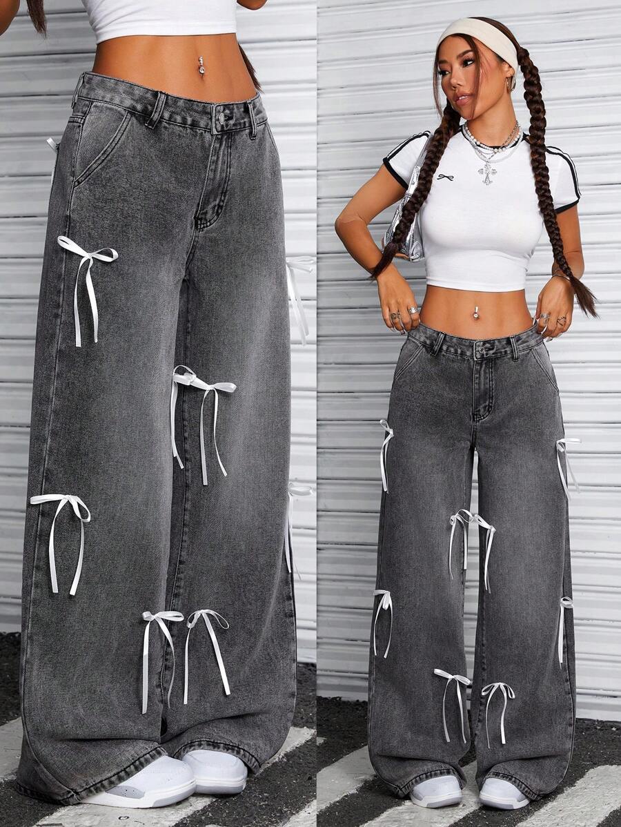 SHEIN ICON 女式低腰蝴蝶结装饰洗水牛仔裤