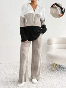 SHEIN 2 件孕妇休闲拼色连帽衫和抽绳裤套装，秋季 - 彩色 - 查看 1