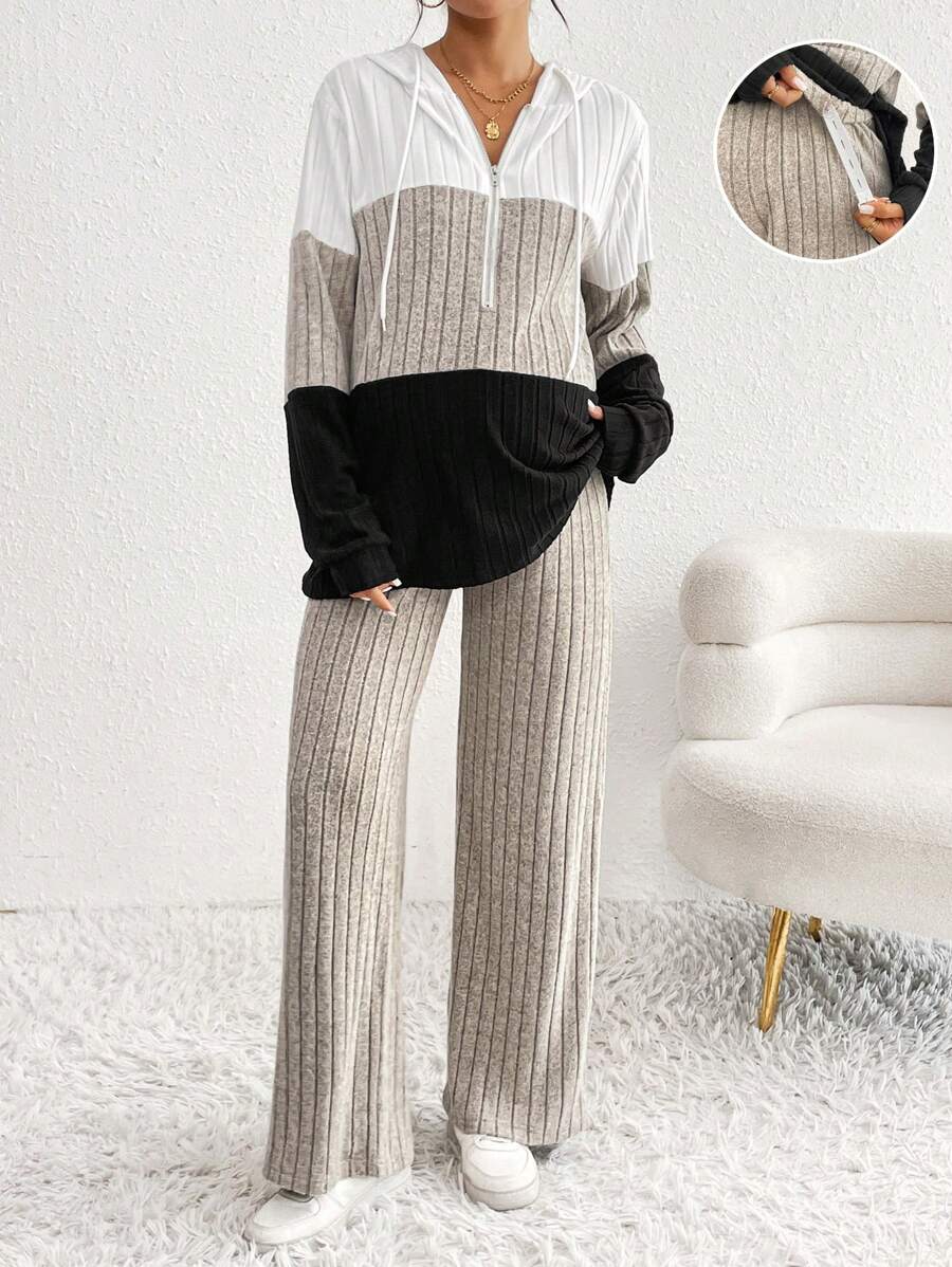 SHEIN 2 件孕妇休闲拼色连帽衫和抽绳裤套装，秋季 - 彩色 - 查看 1