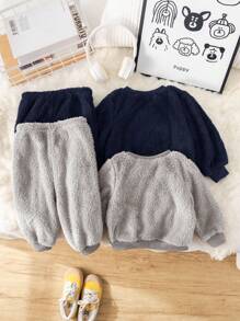 SHEIN 4pcs/Set Baby Boy Solid Color Fluffy Warm Long Sleeve Sweatshirt And Pants Set, Casual Home/Outdoor Outfits For Autumn/Winter