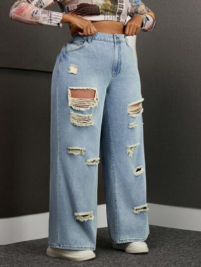 SHEIN SXY Plus Size Women Distressed Pocket Wide Leg Loose Casual Versatile Jeans