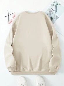 SHEIN EZwear Áo nỉ lót nhiệt in chữ và hoa tay dài thường ngày cho nữ, mùa thu/đông - Màu be - Xem 2