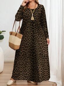 EMERY ROSE 大码豹纹圆领长袖连衣裙，适合秋冬季