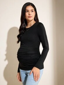 SHEIN 孕妇褶皱纯色黑色圆领长袖休闲 T 恤上衣，秋季 - 黑色 - 查看 6
