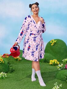Teletubbies X SHEIN Áo choàng lông lót nhiệt họa tiết hoa "Tinky Winky" hoạt hình Kawaii cỡ lớn Y2K, phù hợp cho mùa đông và mùa hè - Màu tím - Xem 4