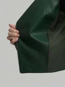 Ontre Jachetă scurtă de motocicletă, jachetă casual pentru femei cu fermoar, îmbrăcăminte de îmbrăcăminte, verde pădure cu mânecă lungă, guler cu fermoar, jachetă, toamnă/iarnă - Verde inchis - Vizualizare 11