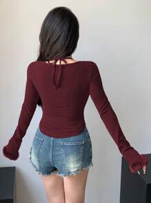 DAZY Áo thun nữ dáng ôm họa tiết lông vũ phong cách vũ công ba lê, quần áo mùa thu tay dài cho nữ - Màu Đỏ Sâu - Xem 2