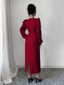 Chiquease 女士优雅蝴蝶结装饰泡泡袖紧身连衣裙，秋冬季新年服装长款女装