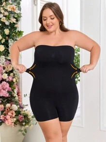 Plus Size Women Seamless Bodysuit With Waist Cincher & Butt Lifting, One Piece Shapewear - Black - View 4