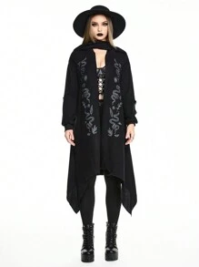 ROMWE Gothic Snake Skin Floral Embroidered Asymmetrical Hem Women Hooded Scarf Cloak Jacket - Black - View 3