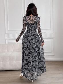 Modelyn 女士长款花卉印花网眼长袖连衣裙长款晚礼服 - 黑色 - 查看 6