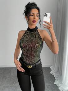 RosyDaze Women Romantic Tie Back Halter Neck Sequins Blouse,Base Sleeveless Tops Stretch Sexy Sleeveless Date/Party/Nightclub/Street /Valentine's Day/Birthday Tops/Christmas Halloween Outfits/Spring/Summer/Autumn/Winter Business Casual Concert Outfit Office Outfits New Year Autumn Outfits For Women Wedding Guest Women Blouse