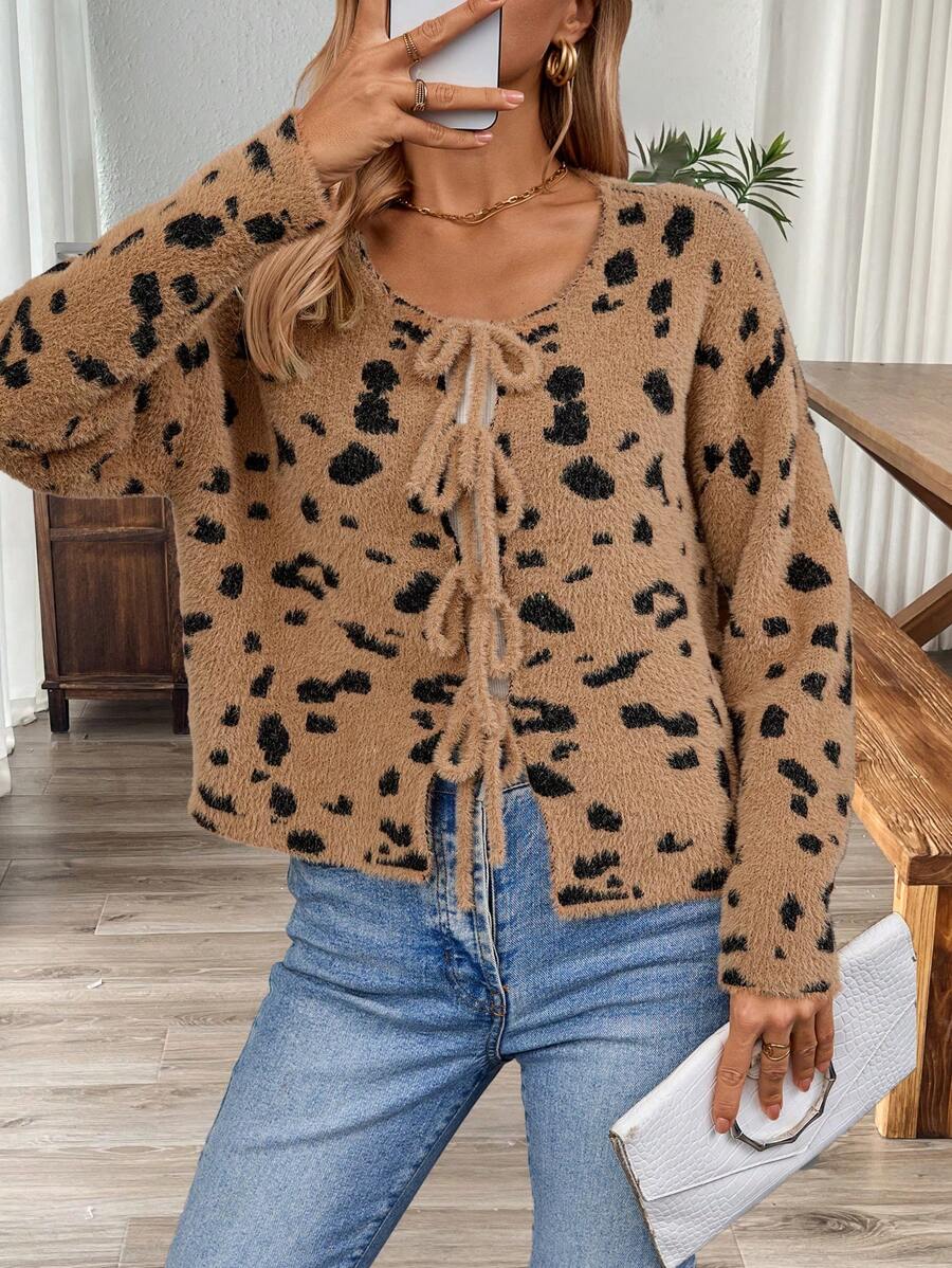 EMERY ROSE Women Leopard Print Tie Front Long Sleeve Fuzzy Loose Cardigan, Autumn/Winter