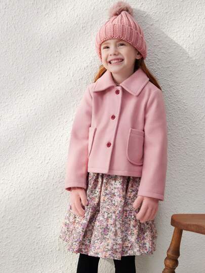 Blossori Young Girls French Elegant Pink Woven Fitted Lapel Short Jacket, Autumn/Winter