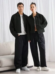 Manfinity VCAY 男士宽松休闲翻领长袖夹克，适合秋冬季 - 黑色 - 查看 3