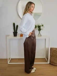 RueChic Women Solid Color Elastic Waist Pockets Toothpick Design PU Leather Straight Loose Pants - Brown - View 6