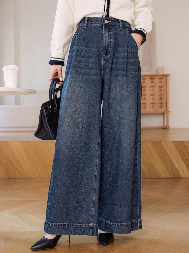 Women Plain Pocket Casual Straight Leg Jeans,Baggy Jeans