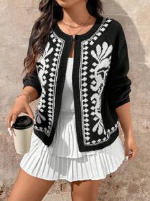 SHEIN LUNE Plus Size Women Geometric Pattern Drop Shoulder Long Sleeve Casual Knit Cardigan, Autumn/Winter - Black - View 4