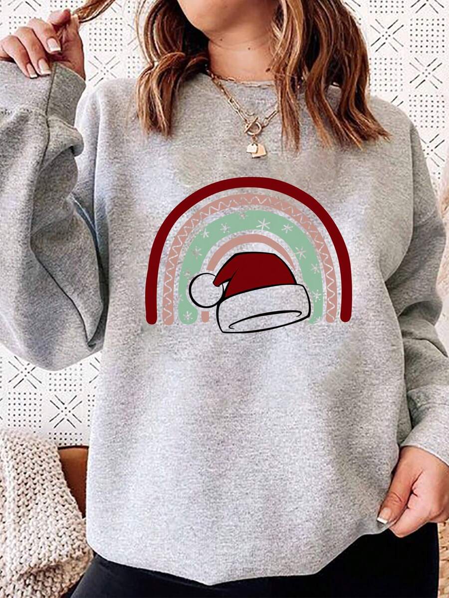 SHEIN LUNE 大码圣诞帽和彩虹印花圆领休闲百搭长袖运动衫 - 灰色 - 查看 1