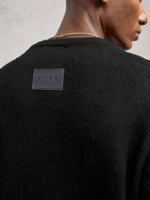 AKNOTIC Business Casual Men's Knit Crewneck Long Sleeve Casual Sweater, Fuzzy Brown Tone, Daily Wear With Leather Brand Logo, For Fall Winter - Black - View 2