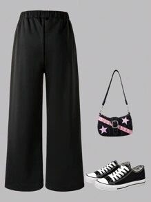 Tween Girls Floral Print Elastic Waist Loose Straight Sweatpants - Black - View 2