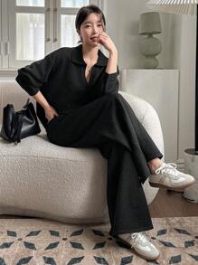 DAZY 2pcs Set: Solid Color Sweater And Wide Leg Pants For Women