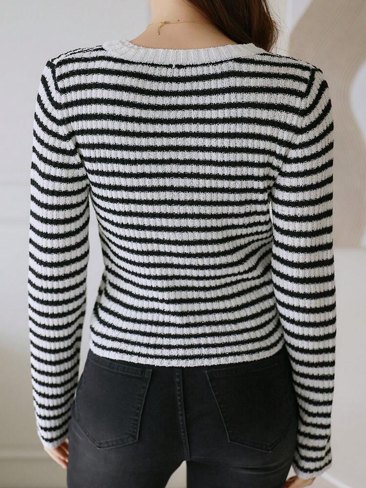 2pcs Set: Striped Contrast Color Cardigan & Camisole Women Sweater,Fall Clothes