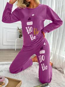 RueChic Conjunto de pijama con Top de manga larga y cuello redondo con estampado de letras y pantalones para mujer