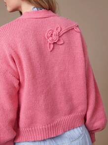 WESTFADE Summer Flower Applique Button Front Boxy Long Sleeve Cardigan Sweater - Pink - View 2