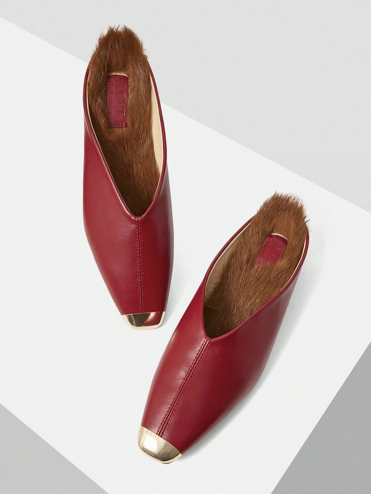 FAUX FUR FLAT SLIP-ON PUMPS WITH SQUARE TOE FOR WOMEN NEW YEAR HOLIDAY, VALENTINES