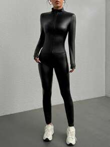 Muchica 女式纯色长袖拉链领 PU 夹克和紧身裤两件套运动服套装，秋季 - 黑色 - 查看 5