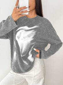 SHEIN EZwear Stir-Fried Acid-Washed Women's Long Sleeve Round Neck T-Shirt