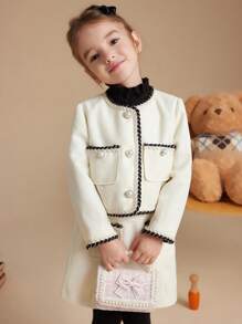PrepCrw 年轻女孩学院风白色编织缎带装饰前按扣夹克，秋冬 - 白色 - 查看 3