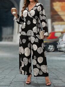 SHEIN LUNE 大码女式宽松复古艺术圆形花卉印花领上衣和加长裤 2 件套 - 彩色 - 查看 3