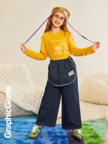 Tween 女童字母印花圆领长袖休闲宽松 T 恤，秋季 - 芥末黃 - 查看 5