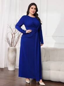 Modelyn Plus Size Women Solid Color Round Neck Long Sleeve Twist Waist Elegant Dress Long Evening Dresses - Blue - View 5