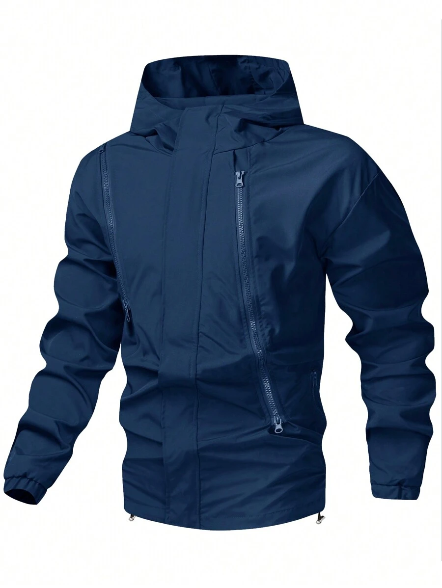 Manfinity Homme Men's Solid Color Hooded Zip-Up Casual Versatile Long Sleeve Jacket - Navy Blue - View 1