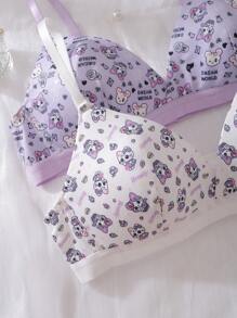 2pcs Teen Girls Cute Cat Print Patchwork Cup Teen Girls Underwear Set