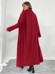 SHEIN Unity Plus Size Women's Double-Breasted Notched Collar Casual Elegant Long Overcoat For New Year Clothes, For Winter - Red - View 2