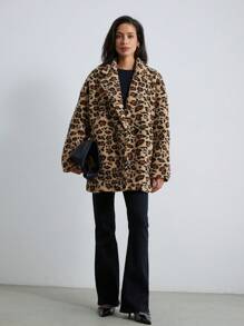 Aveloria Modichic Teddy Sherpa Collar Double-Breasted Pocket Jacket, Loose Fit Cheetah Print  Fall Cloth For Women - Camel - View 5