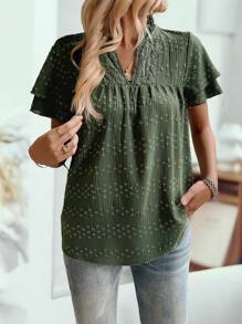 SHEIN LUNE Women's Casual Commute Floral Patchwork Polka Dot Textured Fabric Short Sleeve Ruffled V-Neck Blouse