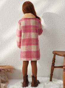 Blossori Young Girls Elegant French Style Orange Plaid Patch Pocket Fuzzy Collar Fitted Button-Front Overcoat For Autumn/Winter