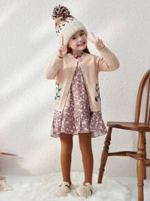 Blossori Young Girls Plant Printed Long Sleeve Single-Breasted Loose Casual Cardigan, Autumn/Winter - Pink - View 3