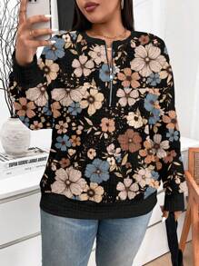 SHEIN LUNE Casual Minimalist Loose Fit Half-Zip Plus Size Sweatshirt, Suitable For Autumn/Winter - Black - View 5