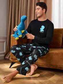 2pcs Men Dinosaur & Letter Print Loungewear Set - Round Neck Long Sleeve Top And Pants - Black - View 1