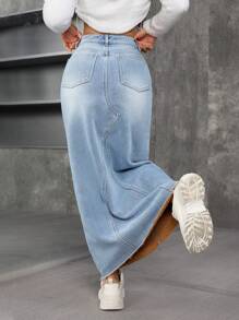 SHEIN EZwear 秋季休闲洗水长款牛仔裙