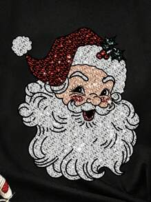 SHEIN EZwear Áo thun ôm dáng cổ tròn tay ngắn màu trơn in họa tiết Giáng sinh dành cho nữ ngoại cỡ, mùa hè Giáng sinh - màu đen - Xem 4