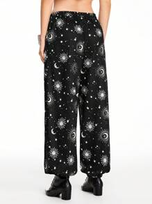 ROMWE Hippie 女士星月全印花休闲裤，适合日常穿着的休闲裤 - 黑色 - 查看 2